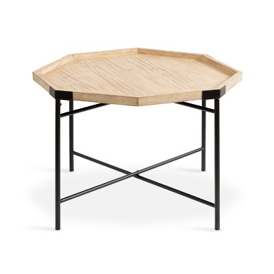 Natural Octagon Wood and Metal Coffee Table, 28x26x18