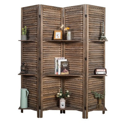 Rustic Brown Paulownia Wood 4-Panel Folding Screen with Shelves