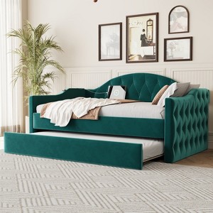 ModernLuxe Twin Size Daybed, Platform Bed Frame with Twin Trundle Bed, Upholstered Sofa Bed with Charging Ports - 1 of 4