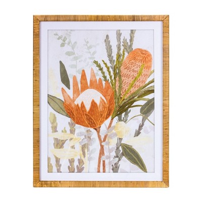 Melrose Tropical Orange and Green Floral Wall Art Set with Fir Wood Frame