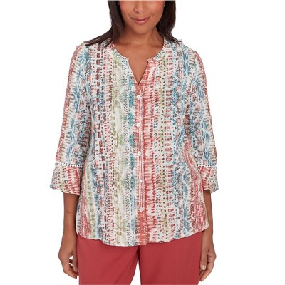 Alfred Dunner Womens Printed Button Down Blouse