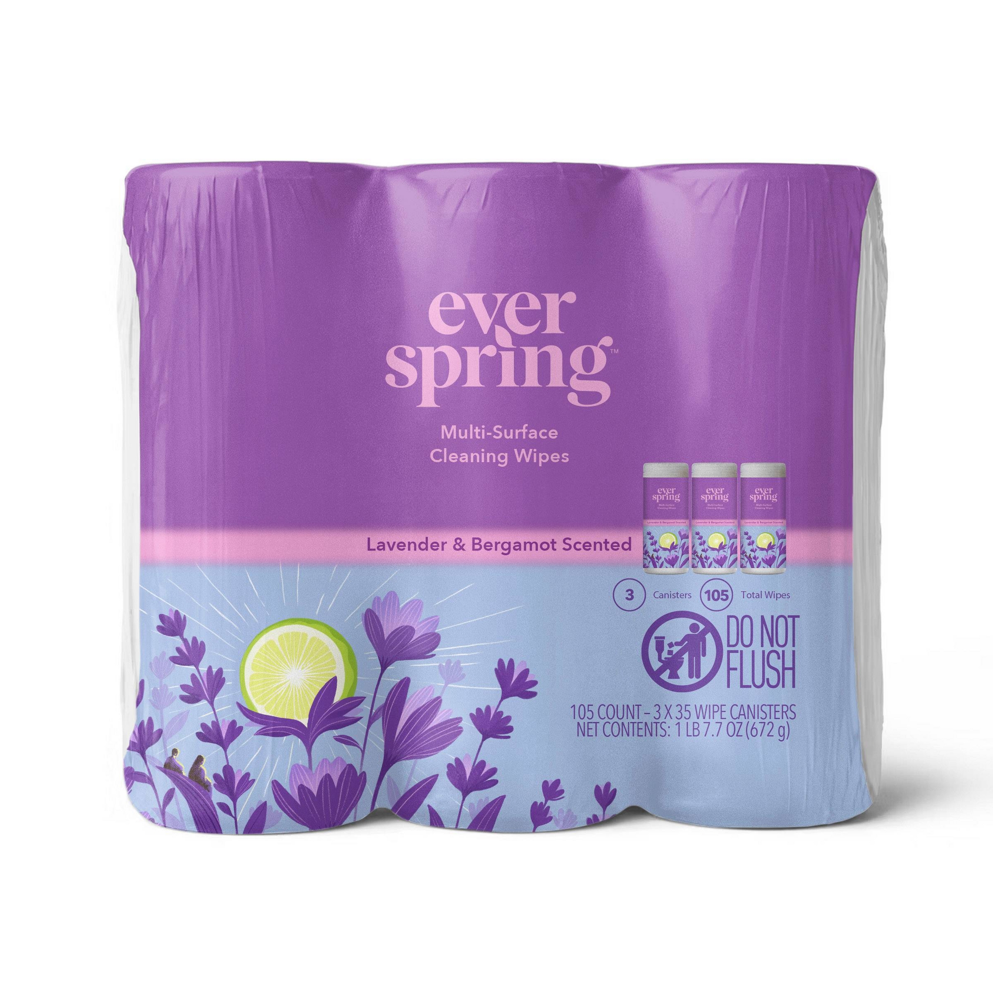 Lavender & Bergamot Multi-Surface Cleaning Wipes - 105ct/3pk - Everspring™