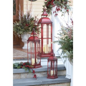 Red Metal Floor Lantern Set – 37"H – Decorative Metal Glass Trio – By Melrose - 1 of 3