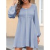 Coolmee Womens Casual Mini Dresses Smocked Crewneck Button Up Puff Long Sleeve High Waist A-Line Short Dress - 2 of 4