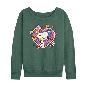 Women's - Peanuts - Hug Heart Flower Lightweight French Terry Wide Neck Long Sleeve Shirt - 1 of 4