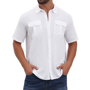 INSPIRE CHIC Men's Solid Short Sleeve Button Down Chest Pockets Linen Shirt - 1 of 4
