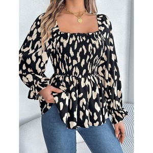 Coolmee Women's Blouses Casual Ruffled Square Neck Dressy Leopard Print Long Sleeved Chiffon Shirt - 1 of 4