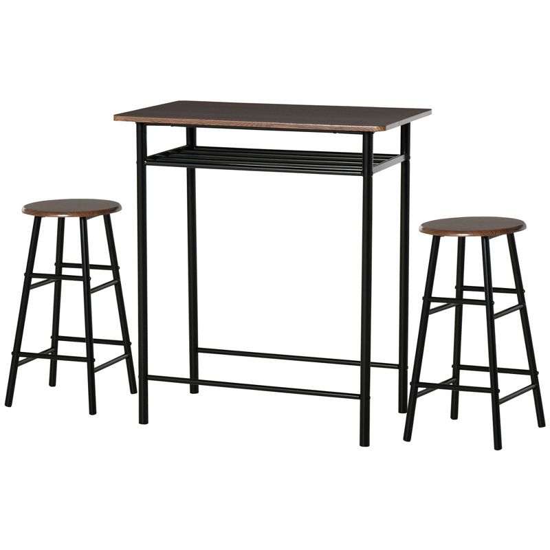 HOMCOM 3 Piece Counter Height Bar Table and Chairs Set, Space Saving Dining Table with 2 Matching Stools, Storage Shelf Metal Frame Footrest, 4 of 9