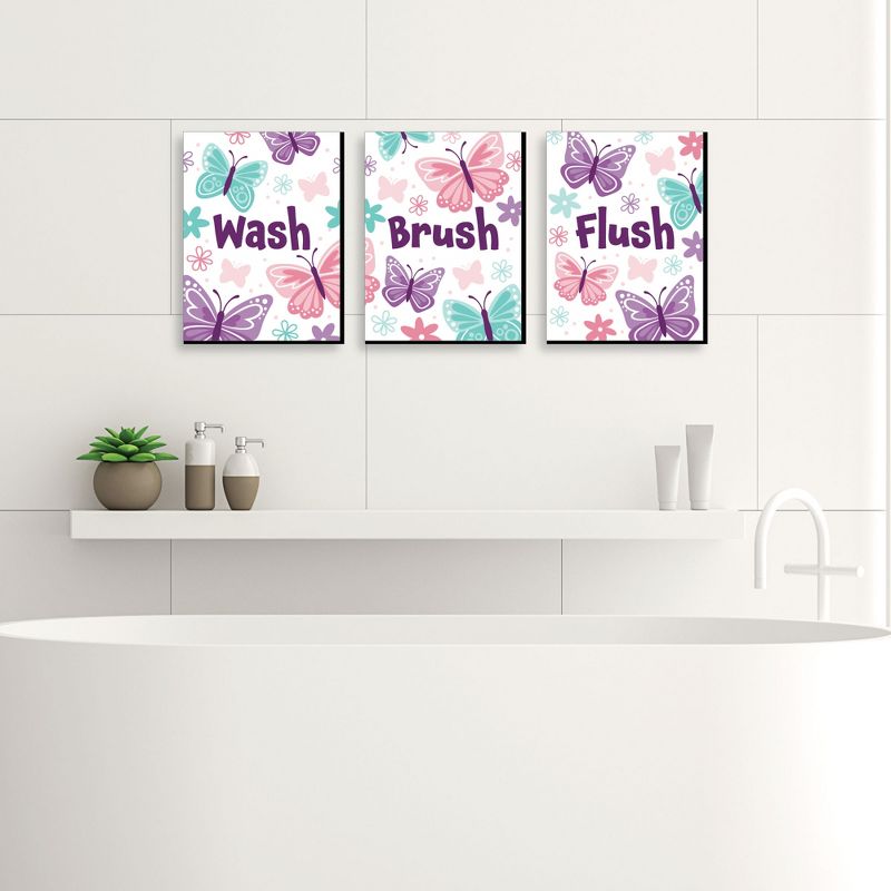 Big Dot of Happiness Beautiful Butterfly - Floral Kids Bathroom Rules Wall Art - 7.5 x 10 inches - Set of 3 Signs - Wash, Brush, Flush, 2 of 8