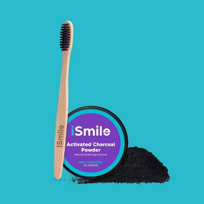 iSmile Activated Charcoal Natural Fluoride-Free Teeth Whitening Powder Toothpaste with Bamboo Toothbrush - Mint