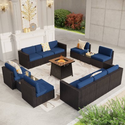 13pc Steel & Wicker Outdoor Square Fire Pit Set With 10 Sectional Seats ...