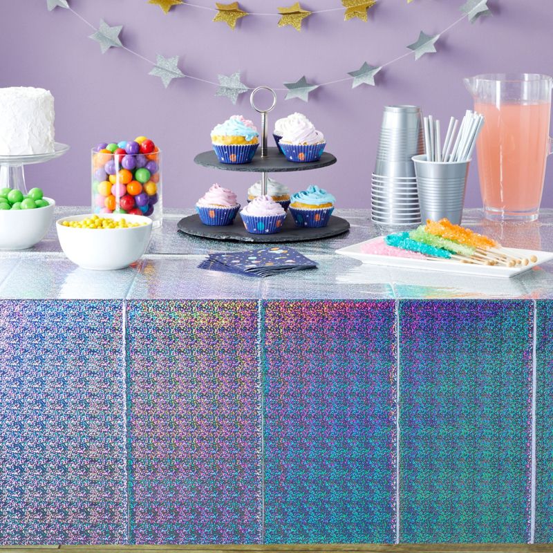 Sparkle and Bash 3-Pack Holographic Plastic Party Tablecloths, Silver Shiny Disposable Table Covers, 54"x108", 2 of 8
