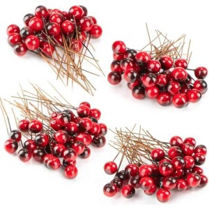 Artificial Holly Berries - 150 Pcs Christmas Holly Berries Stems for Crafts Faux Holly Berries Artificial Red Holly Berry Stems for Christmas Wreath - 1 of 2