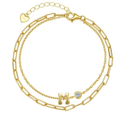 Molenia Initial Bracelet for Women, 925 Sterling Silver 14K Gold Plated Dainty Layered Stackable Paperclip Letter Jewelry Gifts for Wife Mom