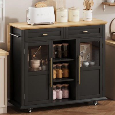 Mobile Kitchen Island Cart with Storage & Drop Leaf - Rolling Kitchen Cabinet with Drawer, Shelf & Spice Rack, Wood Dining Room Furniture