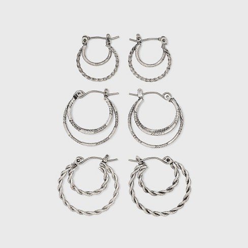 Sterling Silver Duo Click In Hoop Earring Set - Silver