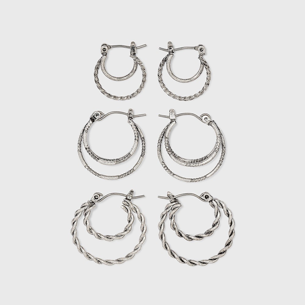 Photos - Earrings Click Top Faux Duo Hoop Earring Set 3pc - Wild Fable™ Worn Silver