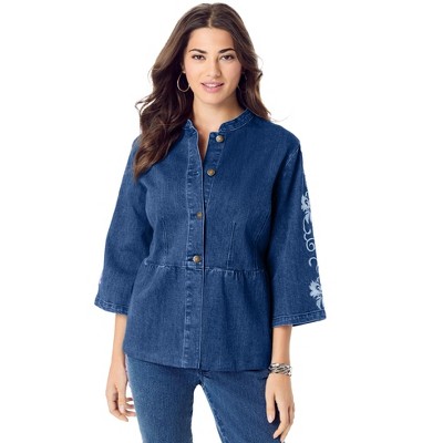 Roaman's Women's Plus Size Embroidered Button Front Peplum Denim Jacket