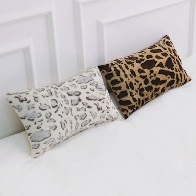 Set of 2 Brown Faux Fur Leopard Print Throw Pillows