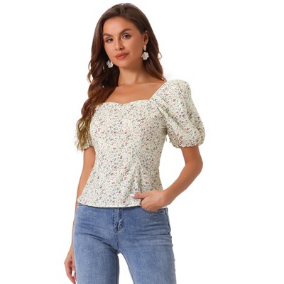 Allegra K Women's Puff Sleeve Square Neck Peasant Floral Blouse