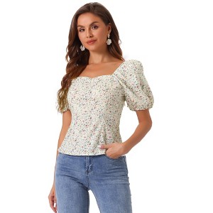 Allegra K Women's Puff Sleeve Square Neck Peasant Floral Blouse - 1 of 4
