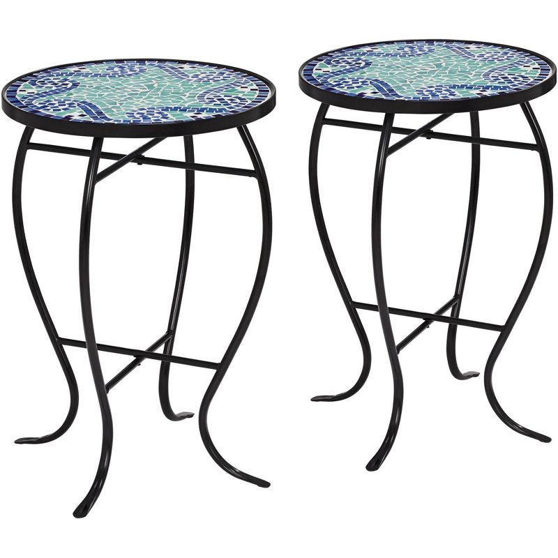 Teal Island Designs Black Round Outdoor Accent Side Tables 14" Wide Set of 2 Blue Wave Mosaic Tabletop Front Porch Patio Home House, 1 of 8