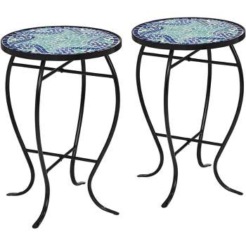 Teal Island Designs Black Round Outdoor Accent Side Tables 14" Wide Set of 2 Blue Wave Mosaic Tabletop Front Porch Patio Home House