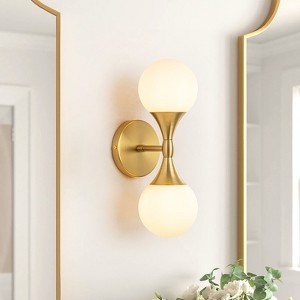 Rennnsan Fravelle 14" H Hardwired 2 - Light Double Globe Milk Glass Mid-Century Modern Dimmable Wall Sconce in Gold - 1 of 4