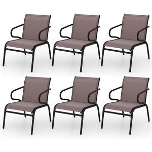 Costway Patio Chairs Set of 2/4/6 with Breathable Fabric & Metal Frame Armrests for Poolside Brown/Gay - 1 of 4