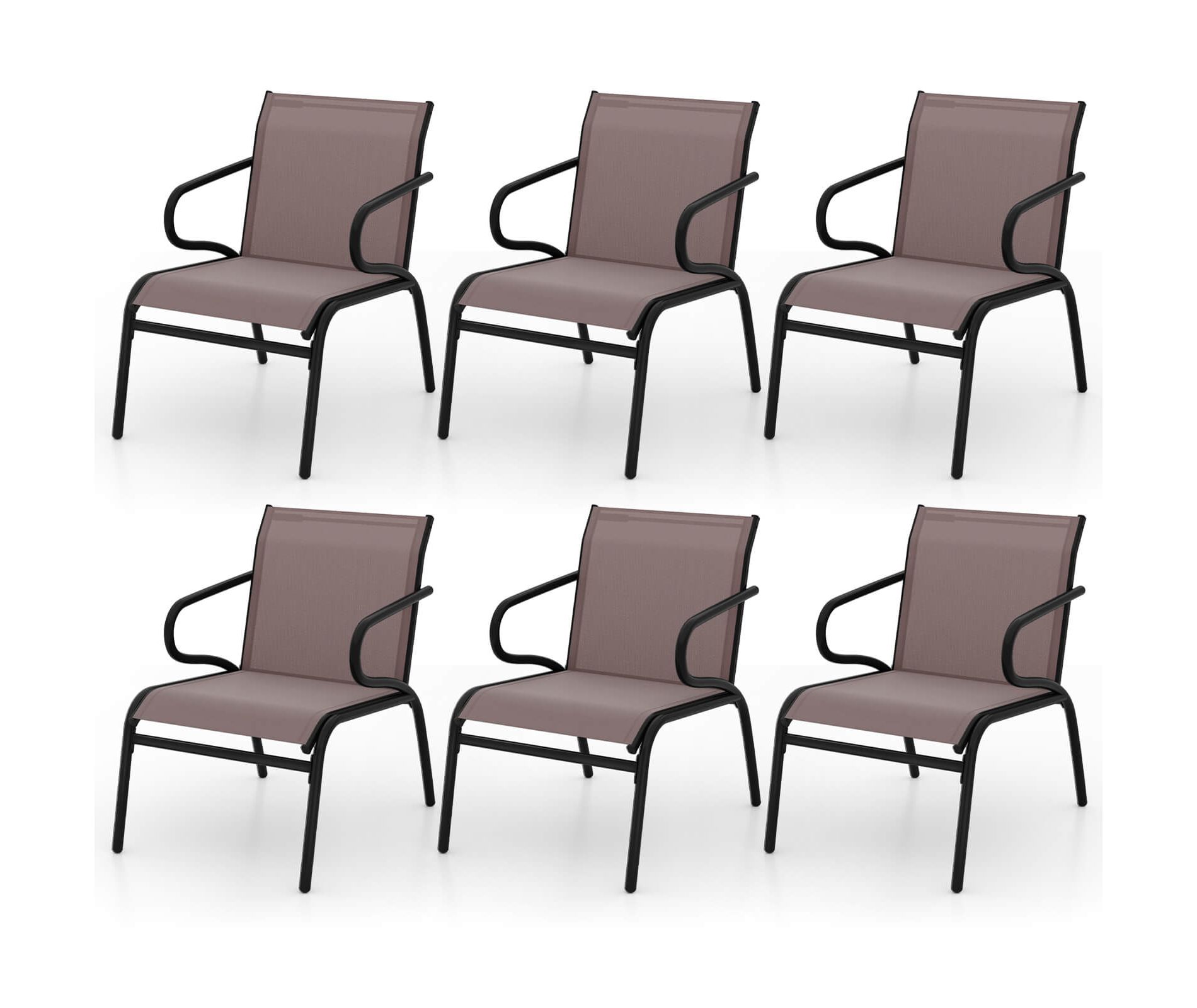 Costway Patio Chairs Set of 6 with Breathable Fabric & Metal Frame Armrests for Poolside Brown