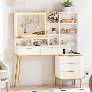 Acekool Fluted Vanity Desk with Mirror, 5 Drawers, Glass Shelves, Adjustable Lighting, Charging Ports, Bedroom Dressing Table, Wood color, 45 Inch - 1 of 4