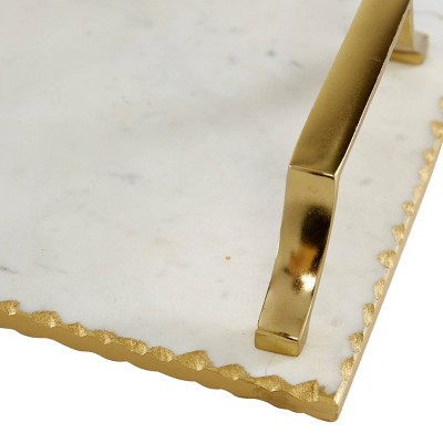 Gold and White Ceramic Rectangular Tray Set with Metal Handles