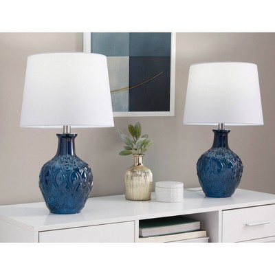 LumiSource (Set of 2) Gloria Round 20" Contemporary Table Lamps Dark Moroccan Blue Glass, Chrome Metal and White Linen Shade