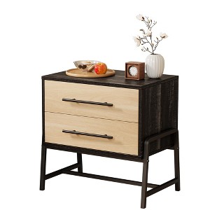 GustoWave 24" Wide Rattan Nightstand, Modern Boho Night Stand, Large Wood Side Table with 2 Storage Drawer & Metal Handle and Legs - 1 of 4