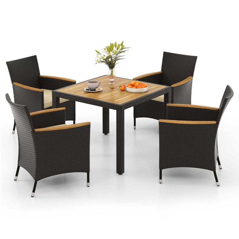 Costway 5 PCS Patio Dining Table Set for 4 Rattan Conversation Set with Umbrella Hole, 2 of 11