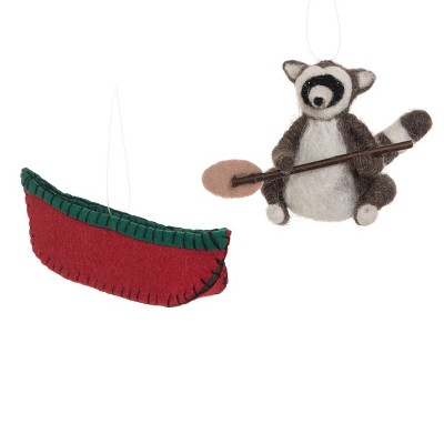 Gallerie II Raccoon & Canoe Holiday Christmas Xmas Ornament Wool Set of 2