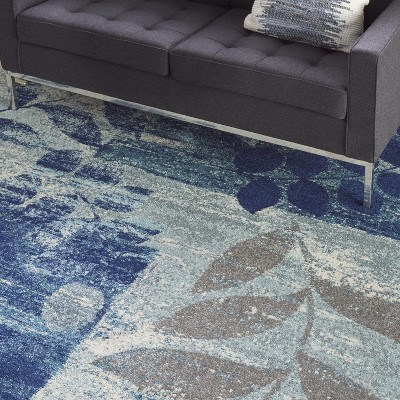 Navy and Light Blue Floral Synthetic Runner Rug