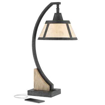 Franklin Iron Works Oak Rustic Farmhouse Desk Table Lamp 22" High Gray with USB and AC Power Outlet in Base Wash Mica Shade for Bedroom Living Room