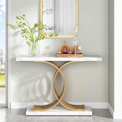Luxurious White Faux Marble and Gold Metal Console Table with Storage