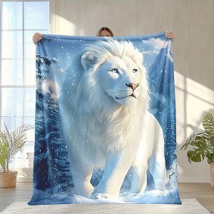 1pc Snow-White Noble Lion Print Flannel Throw Blanket - Cozy All-Season Wrap, Home Decor, Holiday Gift - Digital Print Fantasy Theme. - 1 of 4