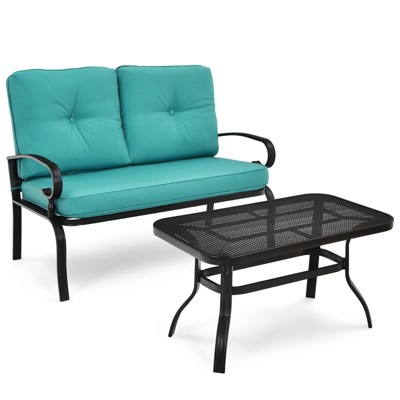 Tangkula 2PCS Patio Conversation Set Outdoor Loveseat w/Coffee Table & Cushions