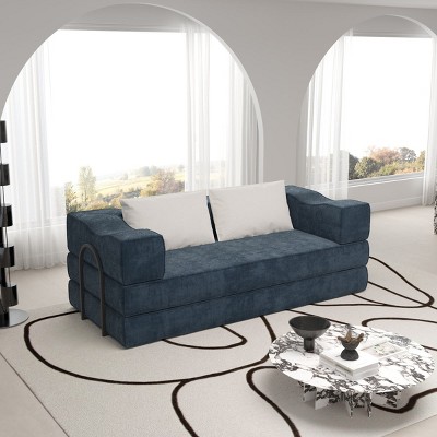 Yukimo 80" Convertible Sofa Bed - DIY Modular 3-Seat Folding Floor Couch, King Size Sleeper (80"L×76"W) with 2 Pillows, Chenille Fabric, Beige+White