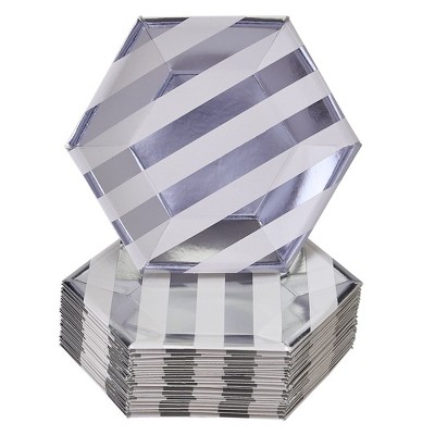 Silver Spoons Elegant Disposable Hexagon Plates for Party, Heavy Duty Stripe Plate Set (24 PC)