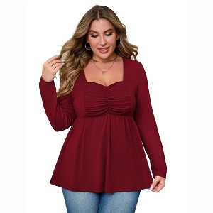 Coolmee Women's Plus Size Babydoll Blouses Sweetheart Neckline Long Sleeve Ruffle Peplum Smocked Cute Casual Fall Tops - 1 of 4