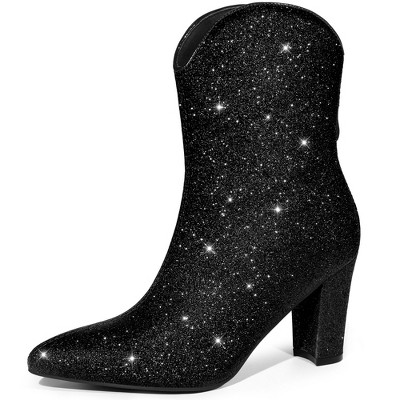 Allegra K Women's Glitter V-Shape Pointy Toe Back Zipper Block Heels Mid-Calf Boots