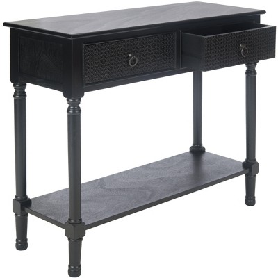 Elegant Black Metal and Wood Console Table with Carved Storage Drawers