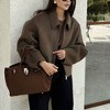 Coolmee Women's Cropped Wool Jacket Plain Zipper Short Pea Coats Fall Winter Trendy Tweed Jackets - 3 of 4