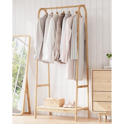 Wood Clothes Rack, Clothing Rack with Storage Shelf, Garment Rack for Hanging Clothes, Coats, Skirts, Shoes, Plants, Freestanding Clothes Rack