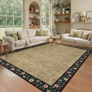 Washable Living Room Rug Floral Bordered Area Rugs Soft Thin Indoor Carpet - 1 of 4