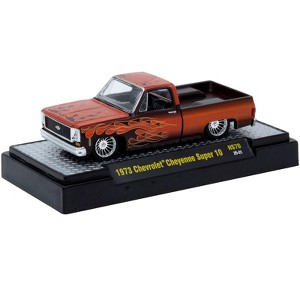 1973 Chevrolet Cheyenne Super 10 Pickup Truck "Custom Re-Styling" Red with Flame Graphics 1/64 Diecast Model Car by M2 Machines - 1 of 1